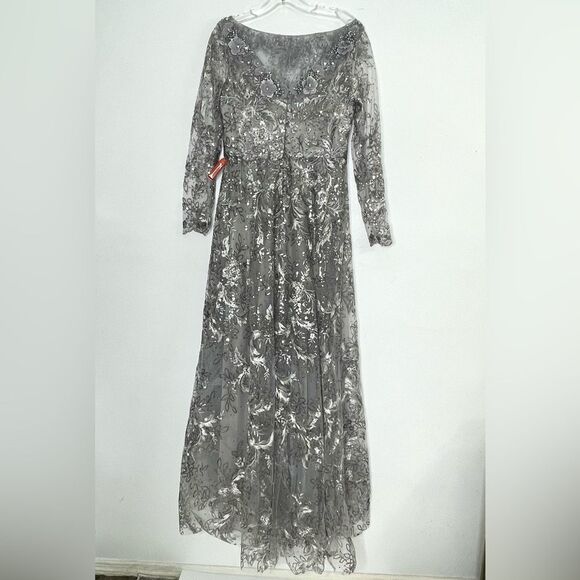 Mac Duggal 67498 Floral Embroidered Illusion Long Sleeve Gown, Sterling, Size 12 - Picture 3 of 11